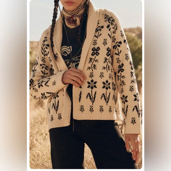 THE GREAT. The Garden Lodge Cotton Cream and Black Floral Cardigan - Picture 6 of 10